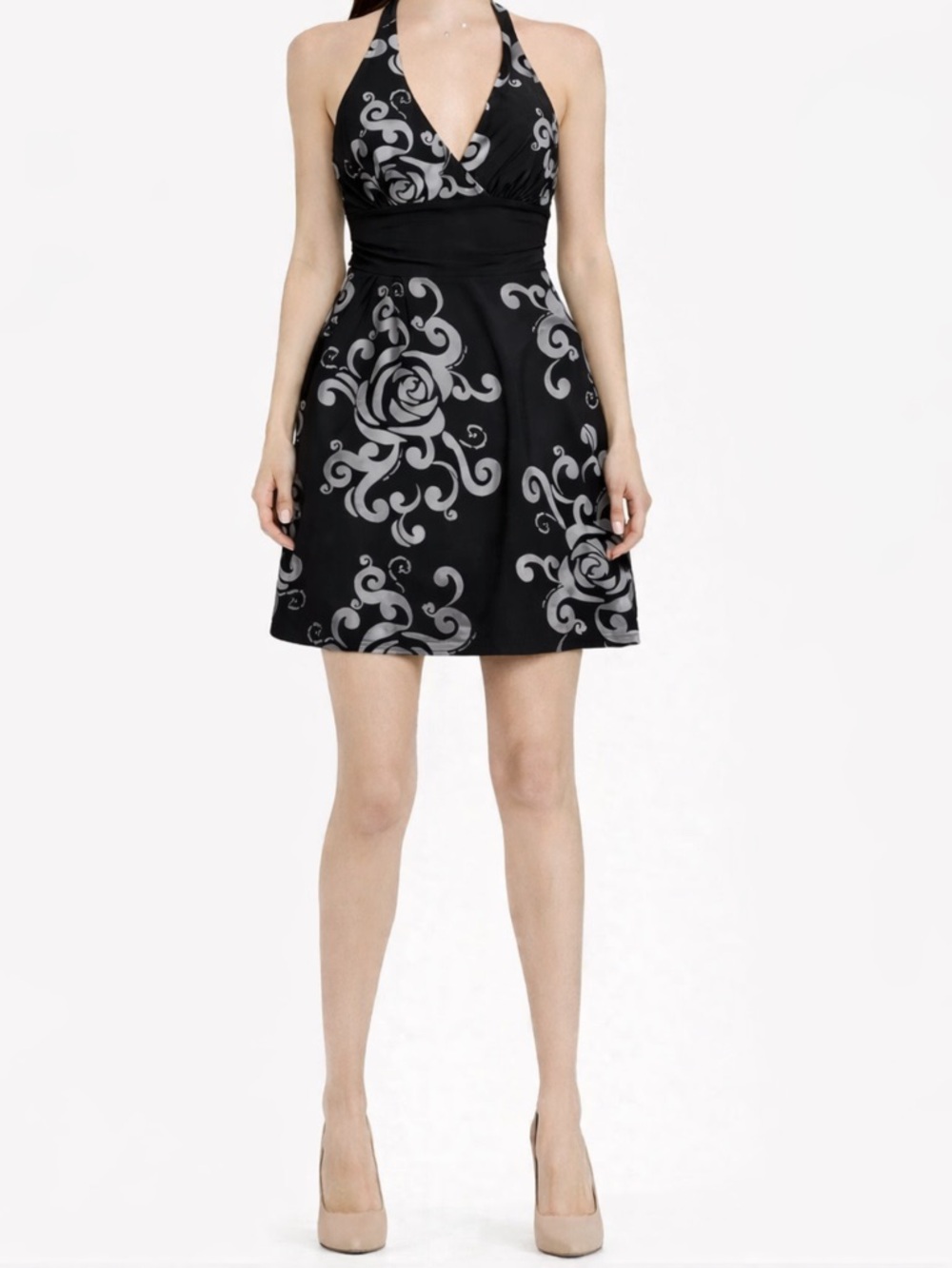 White House Black Market Black and Gray Floral Halter tie Mini Dress sz Medium